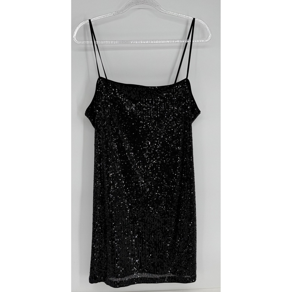 HM Divided Womens Black Sequin Mini Dress‎ Spaghetti Strap Party Sz L NEW